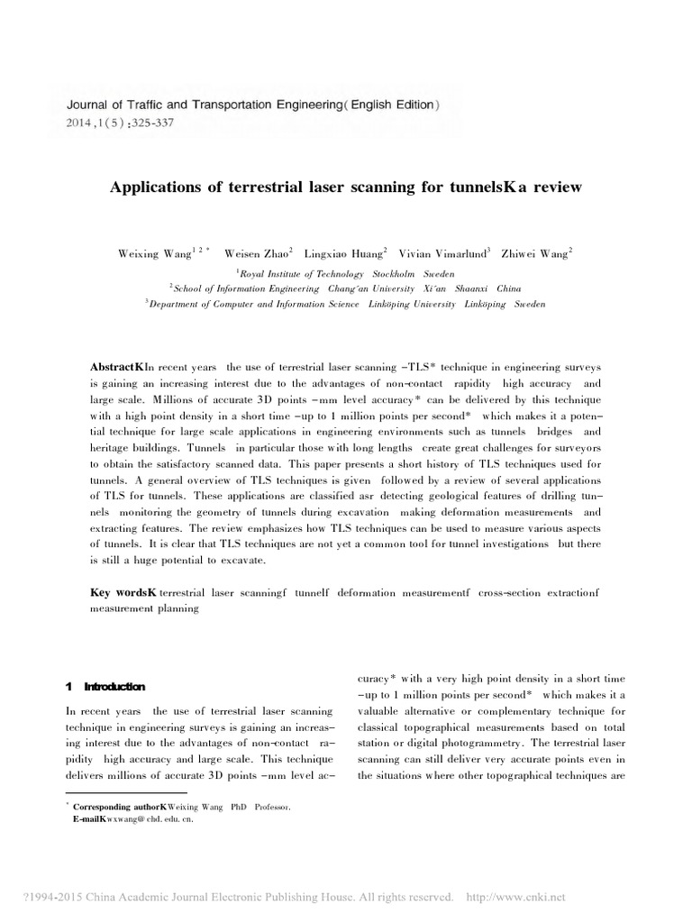 Applications of Terrestrial Laser Scanning For Tunnels - A Review PDF ...