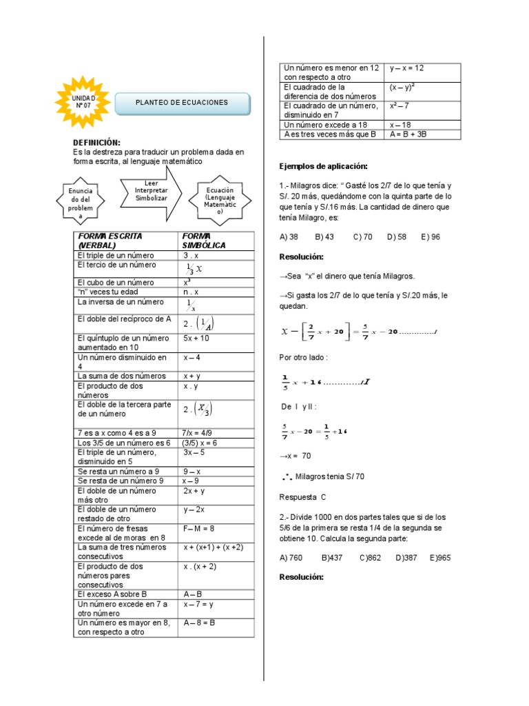 Traducción de Problemas a Lenguaje Matemático | PDF | Objetos ...