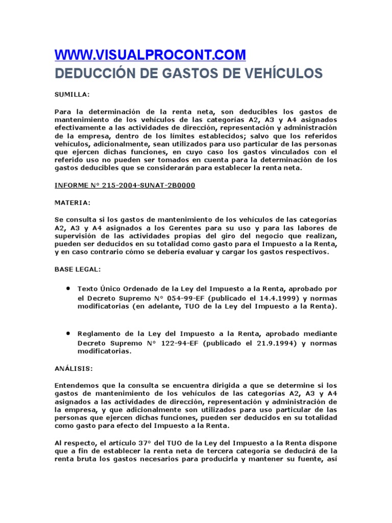 Deducción de Gastos Vehiculares en Renta | PDF | Impuesto sobre la ...