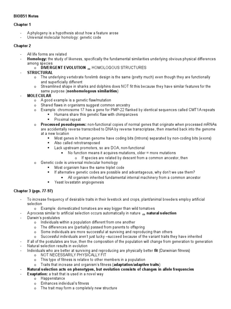 Evolutionary Biology Notes Summary | PDF | Natural Selection | Evolution