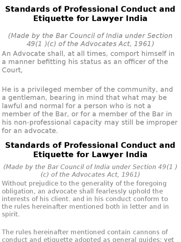 Standards of Professional Conduct and Etiquette for Lawyer India