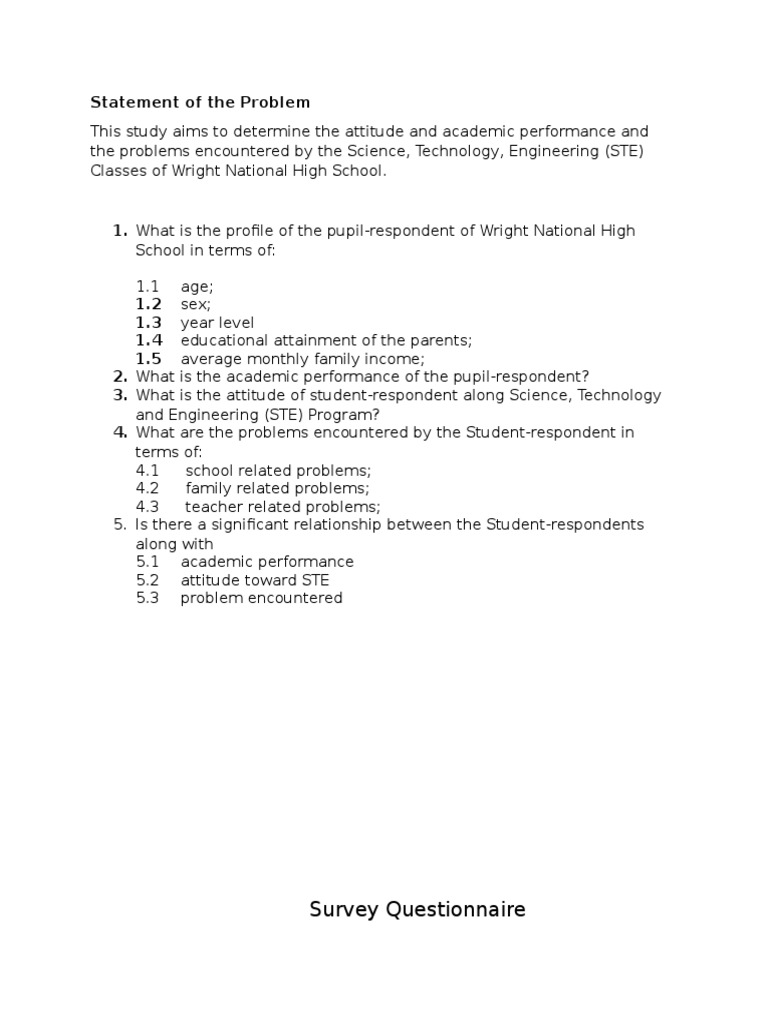 Statement of the Problem and Questioner | Educational Attainment In The ...