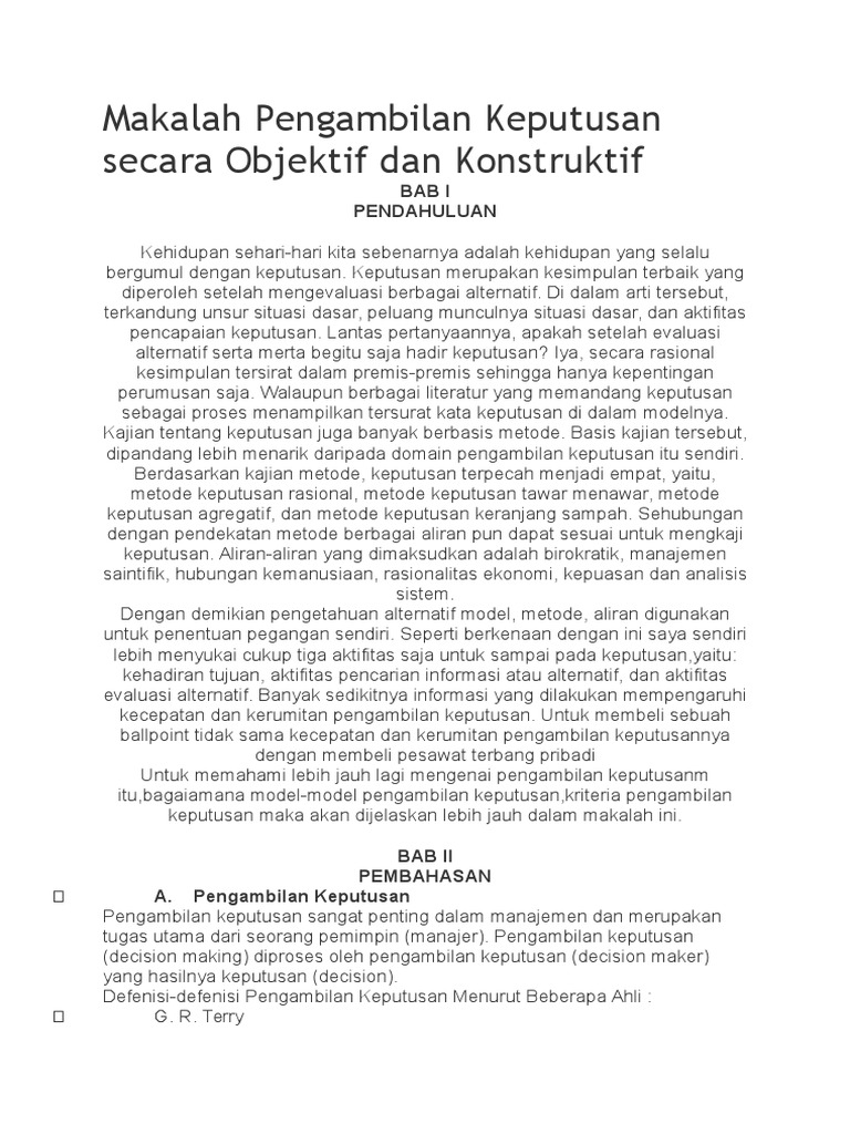 Makalah Pengambilan Keputusan Secara Objektif Dan Konstruktif