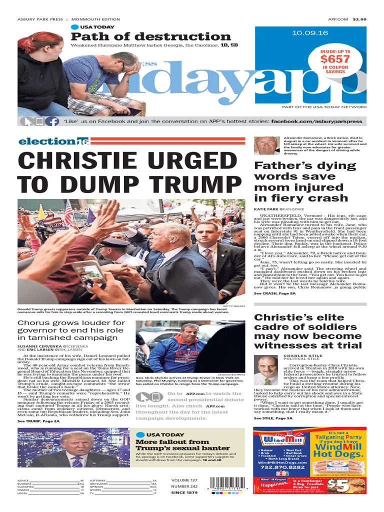 Asbury Park Press front page Sunday, Oct. 9 2016 Donald Trump