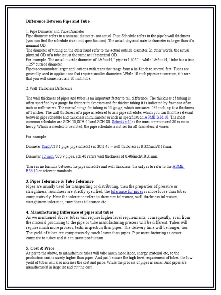 Difference Between Pipe and Tube PDF Pipe (Fluid Conveyance