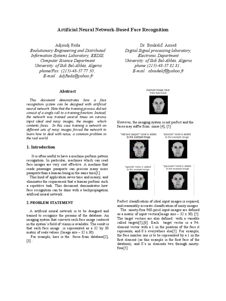 Artificial Neural Network-Based Face Recognition | PDF