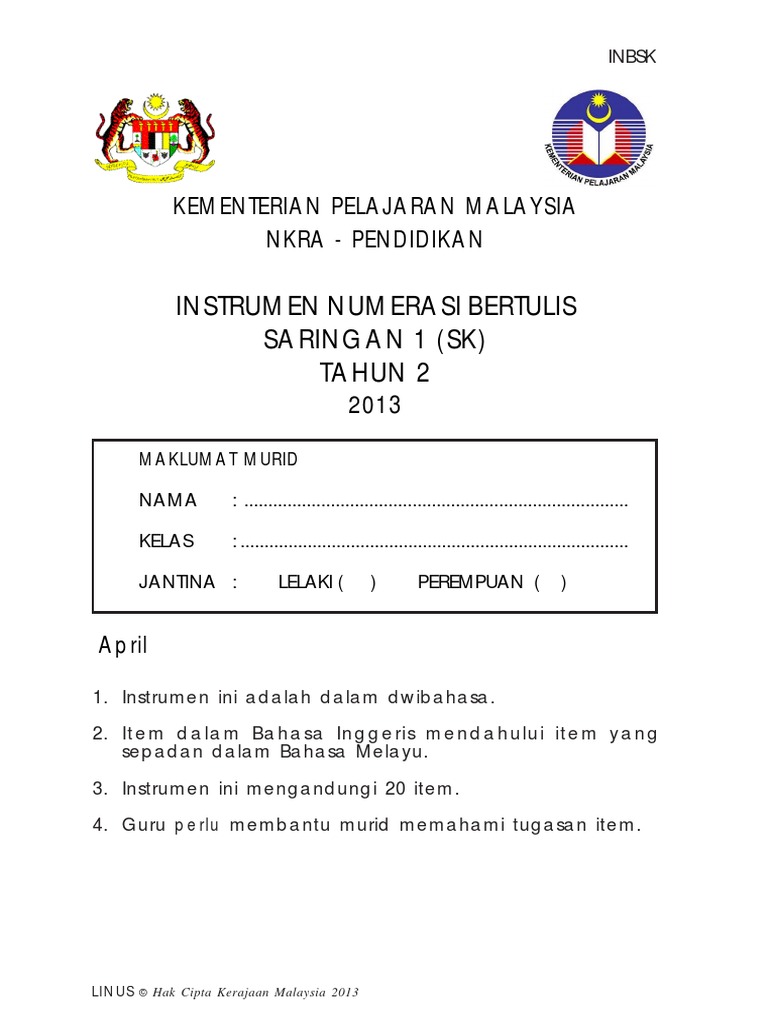 Contoh Soalan Transisi Matematik Tahun 1 - Selangor g