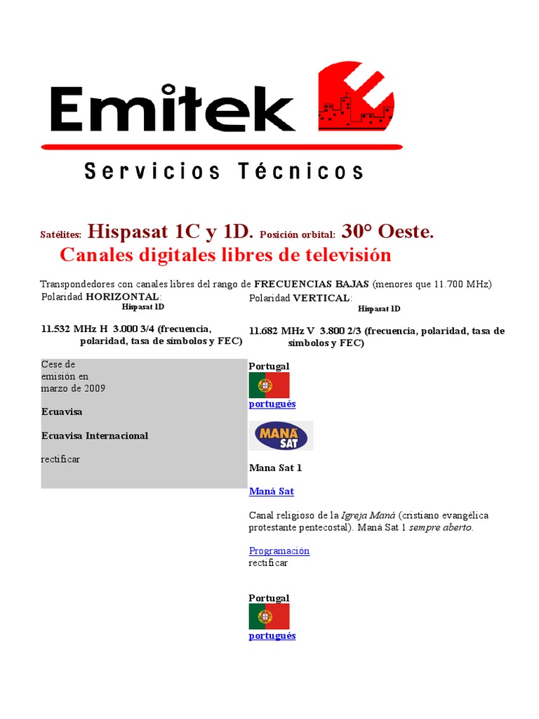 Canales Libres Hispasat PDF Televisión via satélite Televisión