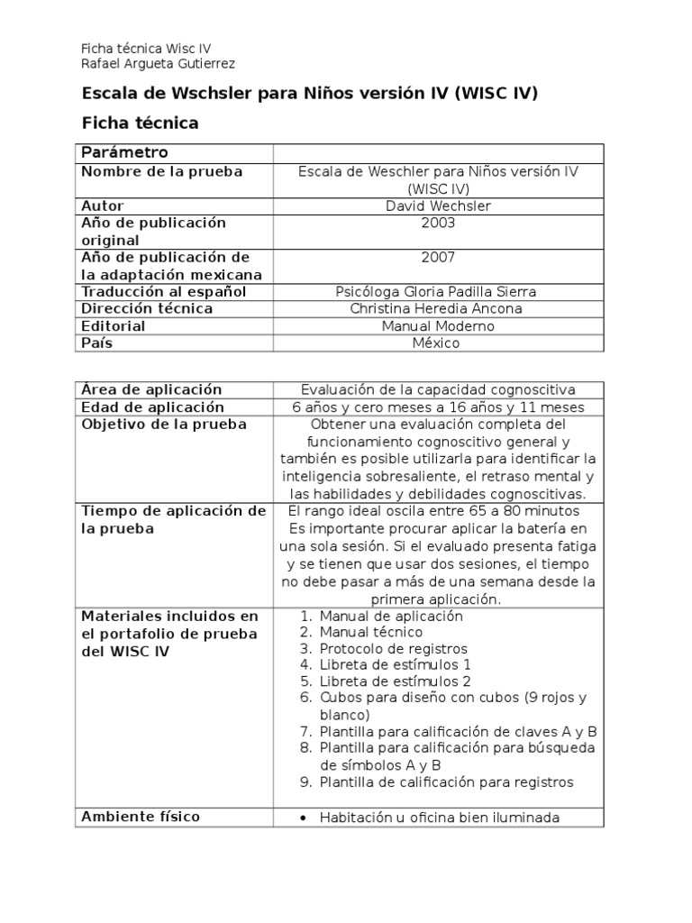 Ficha Tecnica Wisc IV | Sicología y ciencia cognitiva | Ciencia (general)