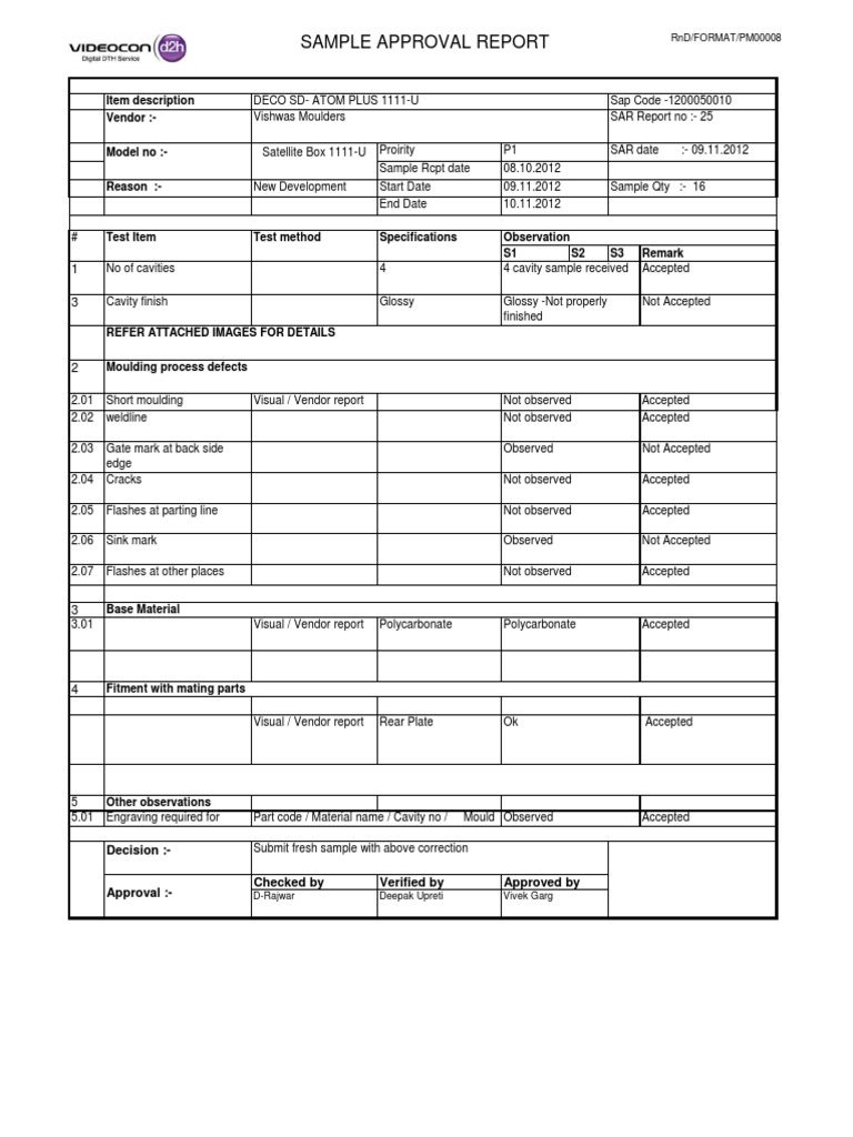 Sample Approval Report: Item Description Vendor | PDF