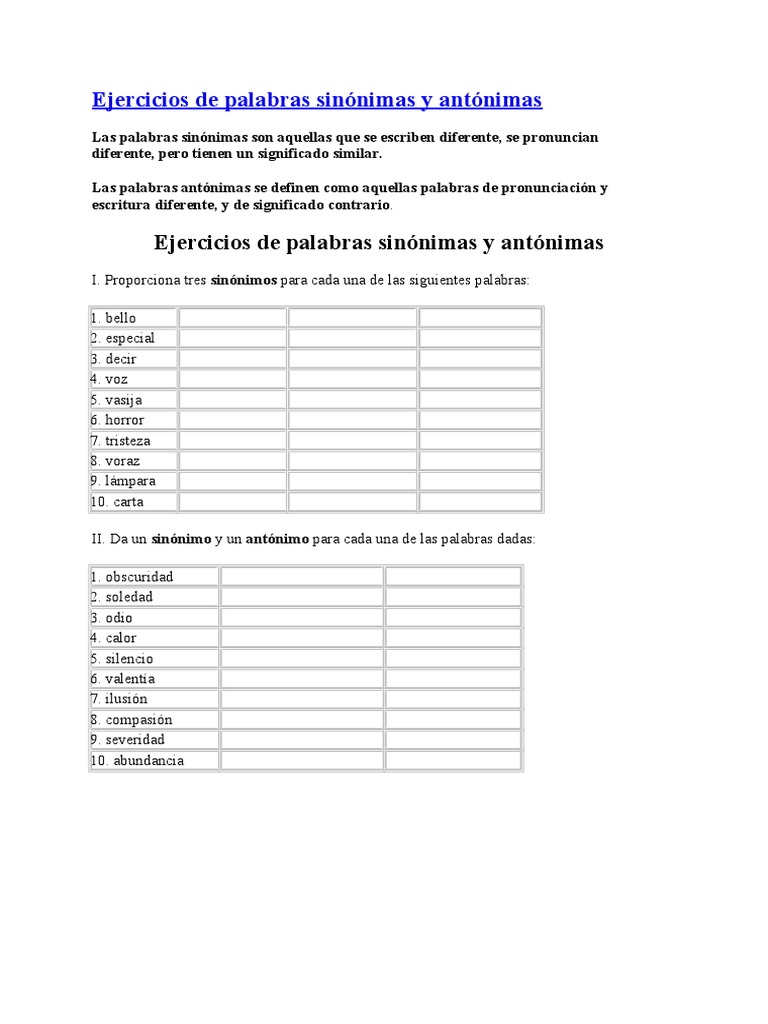 Ejercicios de Palabras Sinónimas y Antónimas