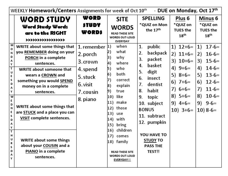 Weekly Homework & Study Guide | PDF