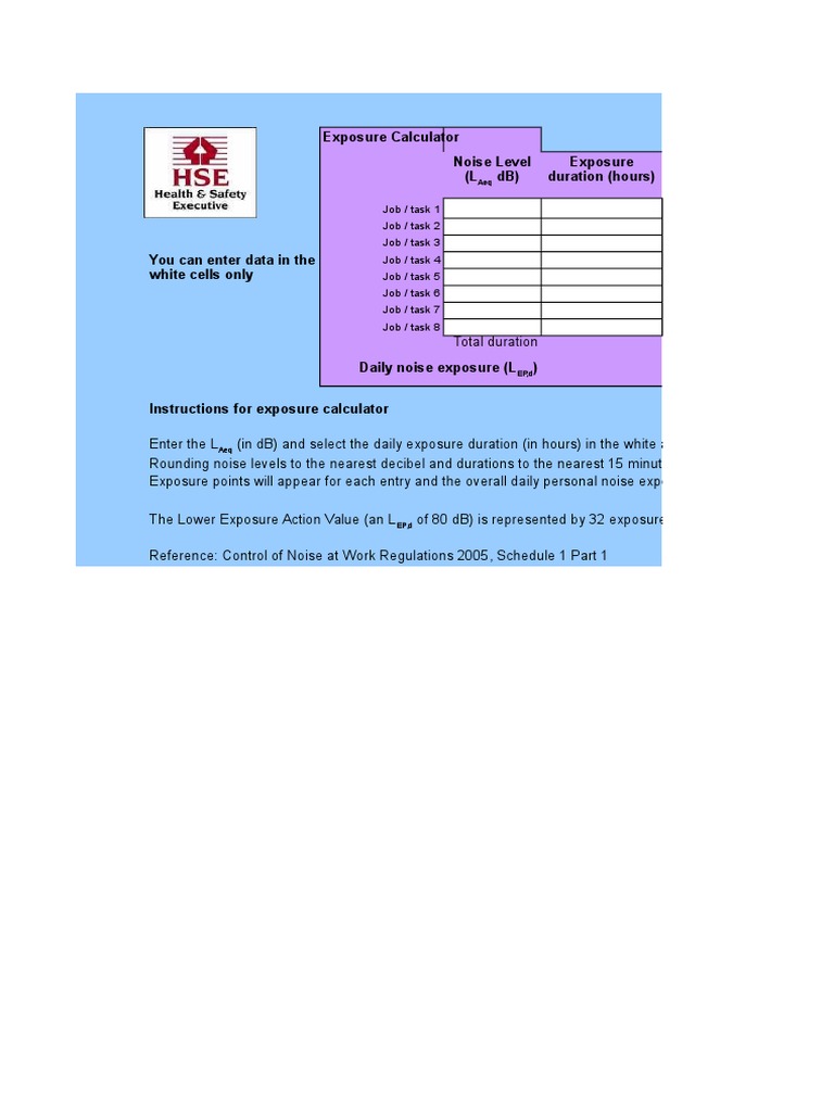 Exposure Calculator Noise Level (L DB) Exposure Duration (Hours) | PDF ...