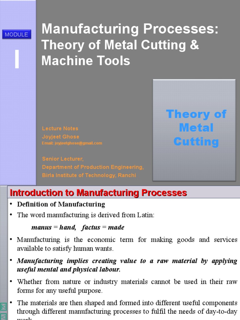 Manufacturing Processes Theory of Metal Cutting & Machine Tools PDF