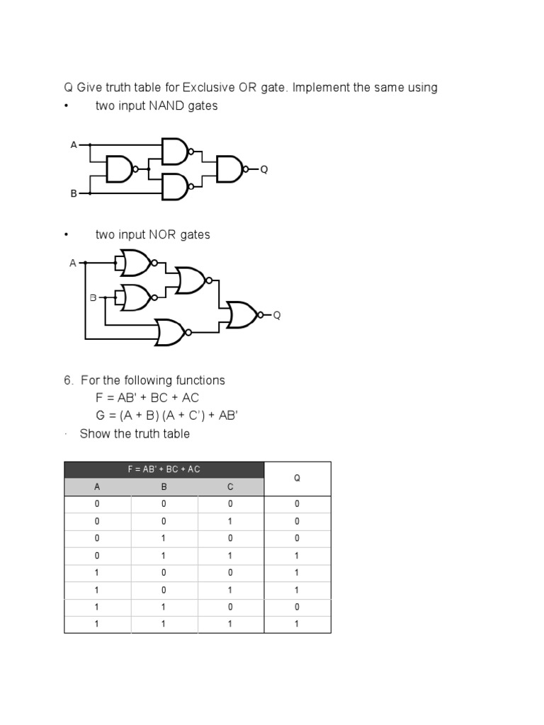 Q Give Truth Table For Exclusive Or Gate Implement The Same Using Two Input Nand Gates