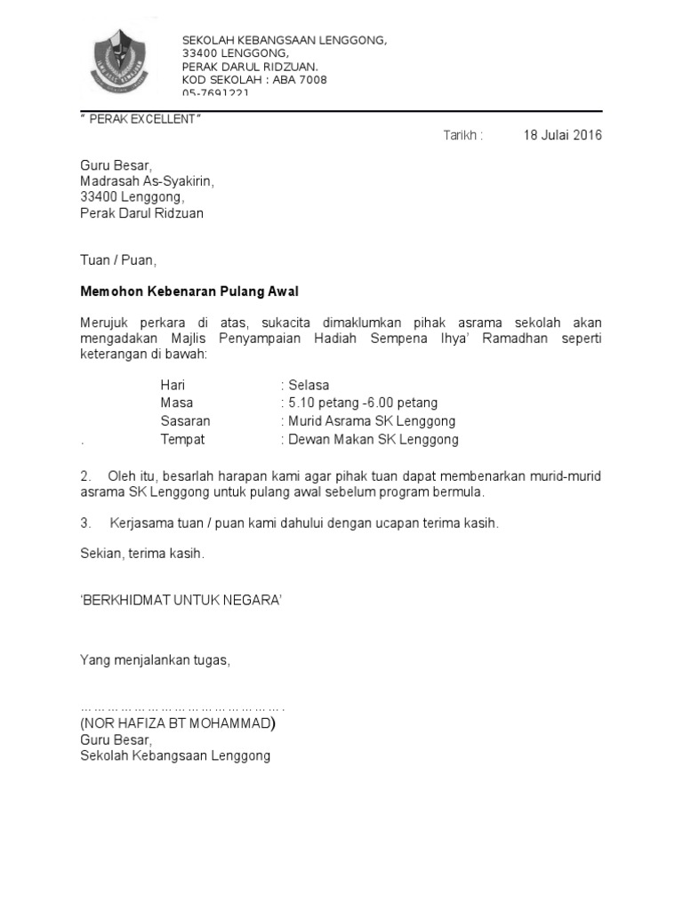 Surat Kebenaran Pulang Awal Pdf