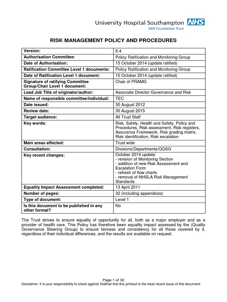 NHS Risk Management Policy Overview | PDF | Risk Management | Risk ...