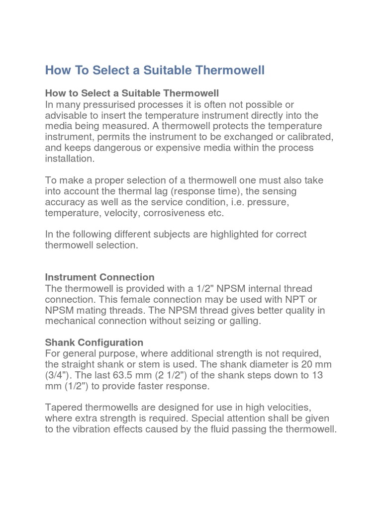 How To Select A Suitable Thermowell PDF Pipe (Fluid Conveyance) Thermal Insulation