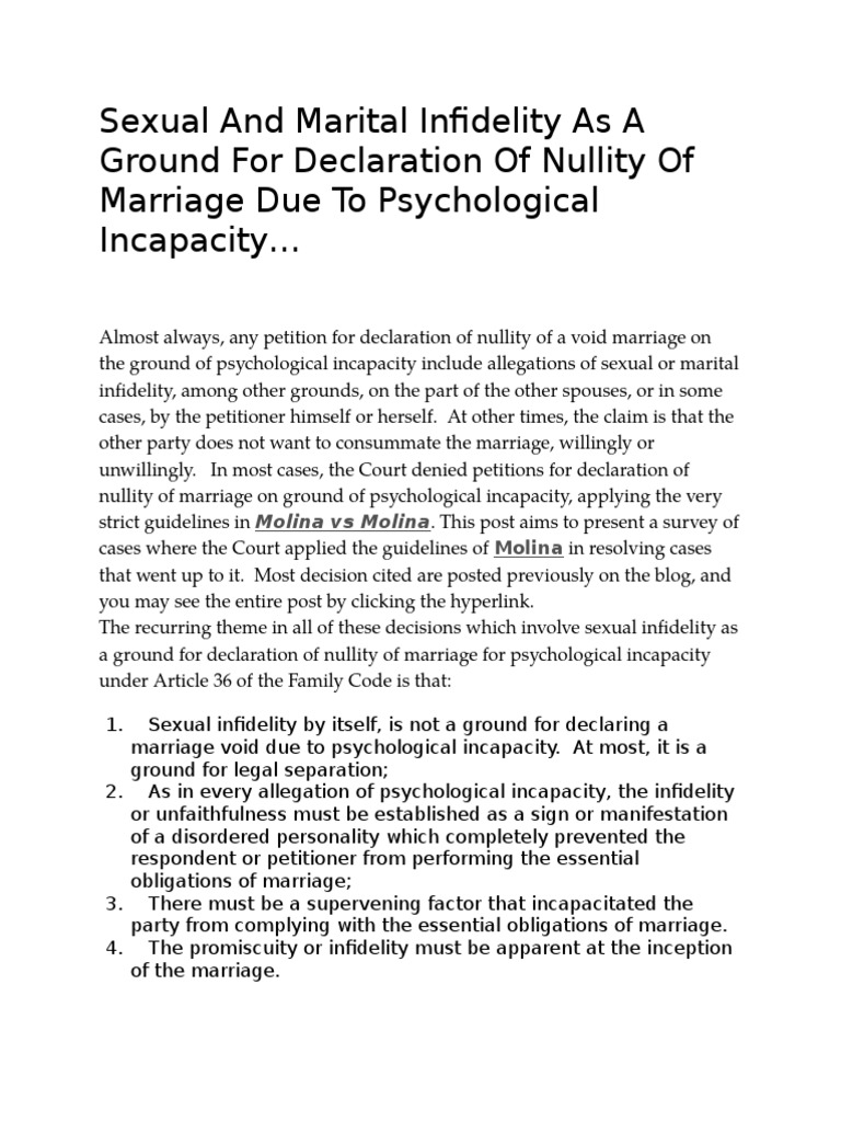 Sexual and Marital Infidelity As A Ground For Declaration of Nullity of ...