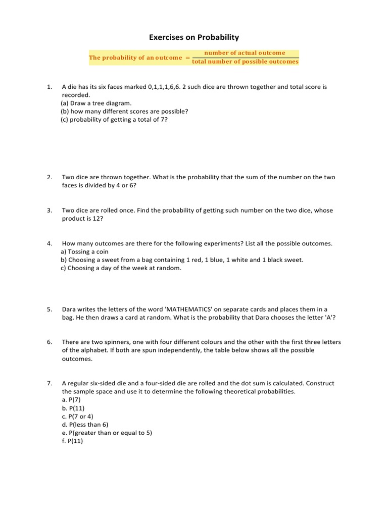 Grade 8 - Exercises On Probability | PDF