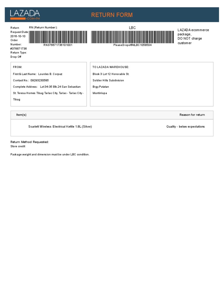 Customer Return Form Requesting Store Credit for Electric Kettle that ...