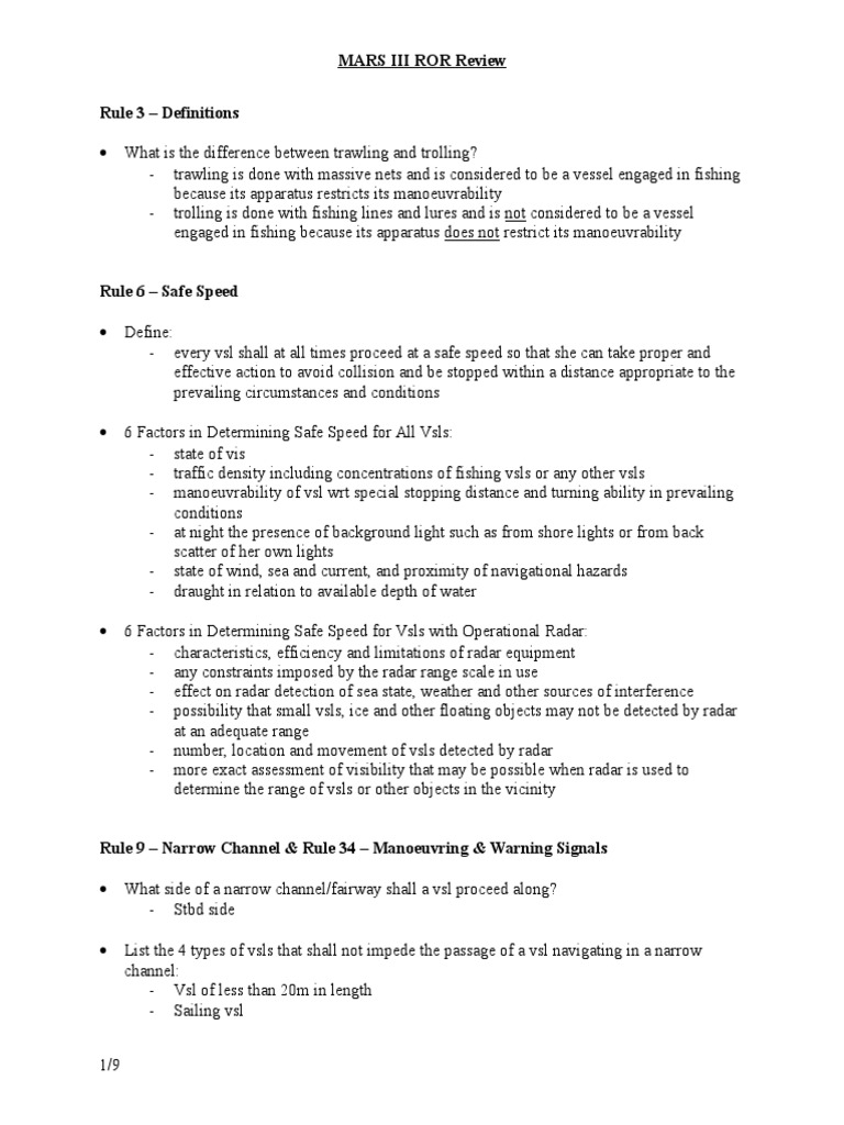 Colregs Handout Mars III Ror Pc Study Sheet Radar Traffic