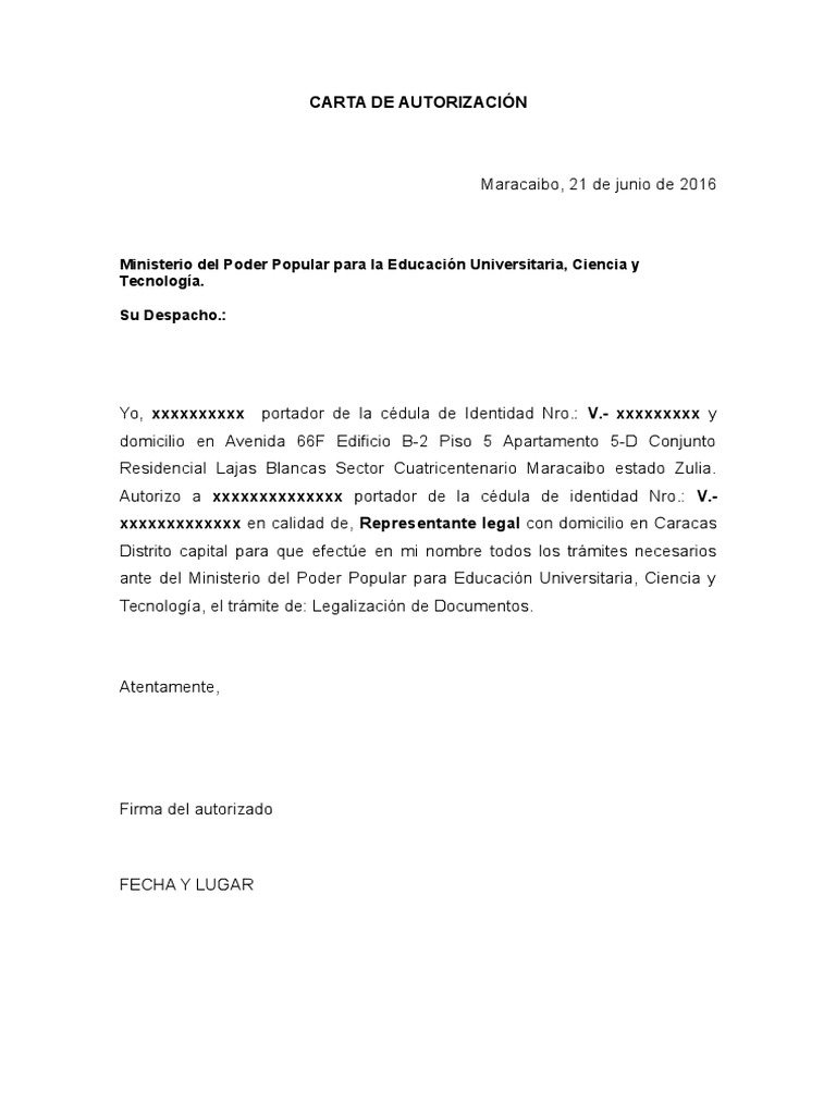 Ejemplo de Carta de Autorización para Trámites Universitarios PDF