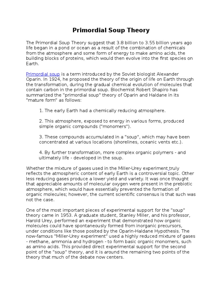 Primordial Soup Theory PDF Abiogenesis Chemical Substances