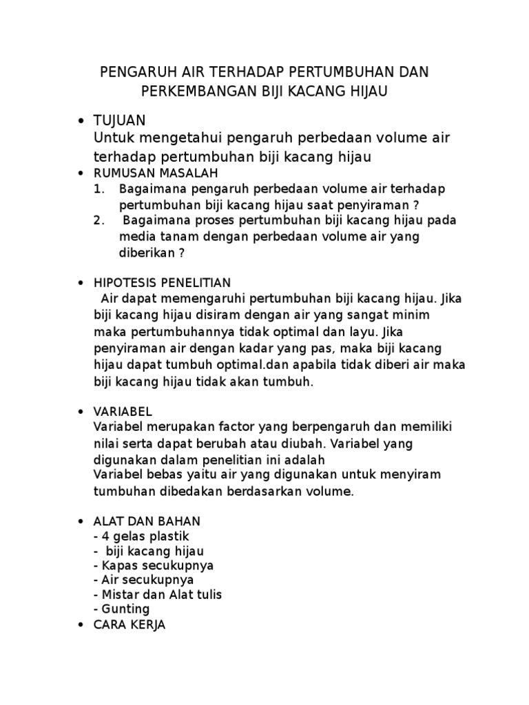 Pengaruh Air Terhadap Pertumbuhan Dan Perkembangan Biji Kacang Hijau