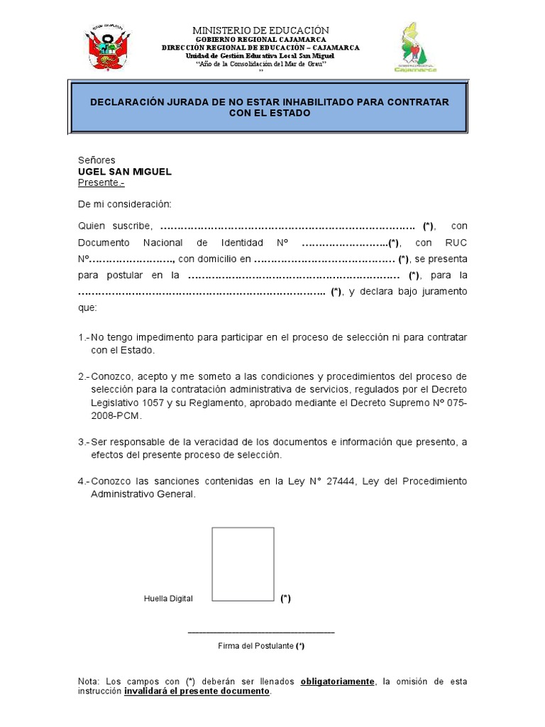 Formato de Declaracion Jurada de No Estar Inhabilitado para C | PDF