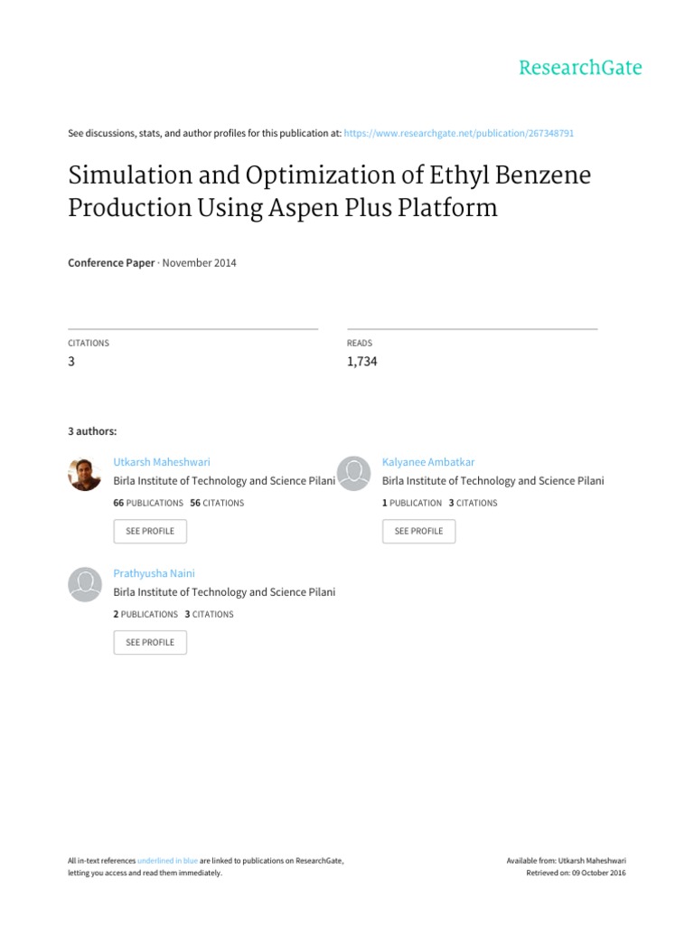 Simulation and Optimization of Ethyl Benzene Production Using Aspen ...
