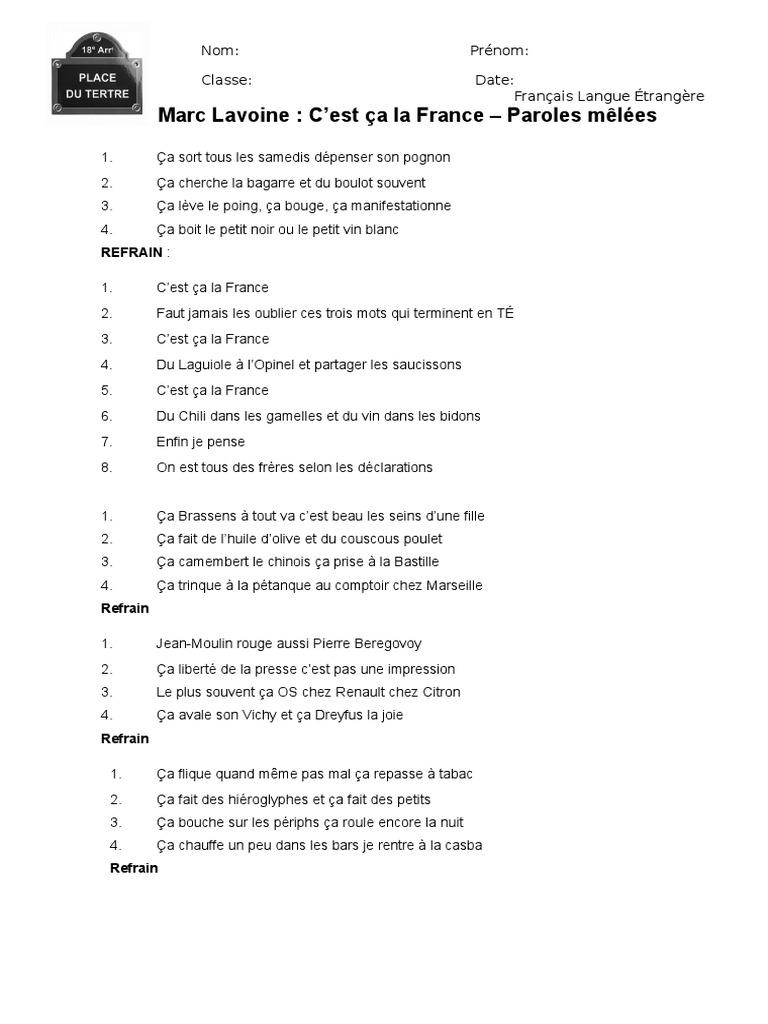 Marc Lavoine C Est Ca La France Paroles Melees Refrain