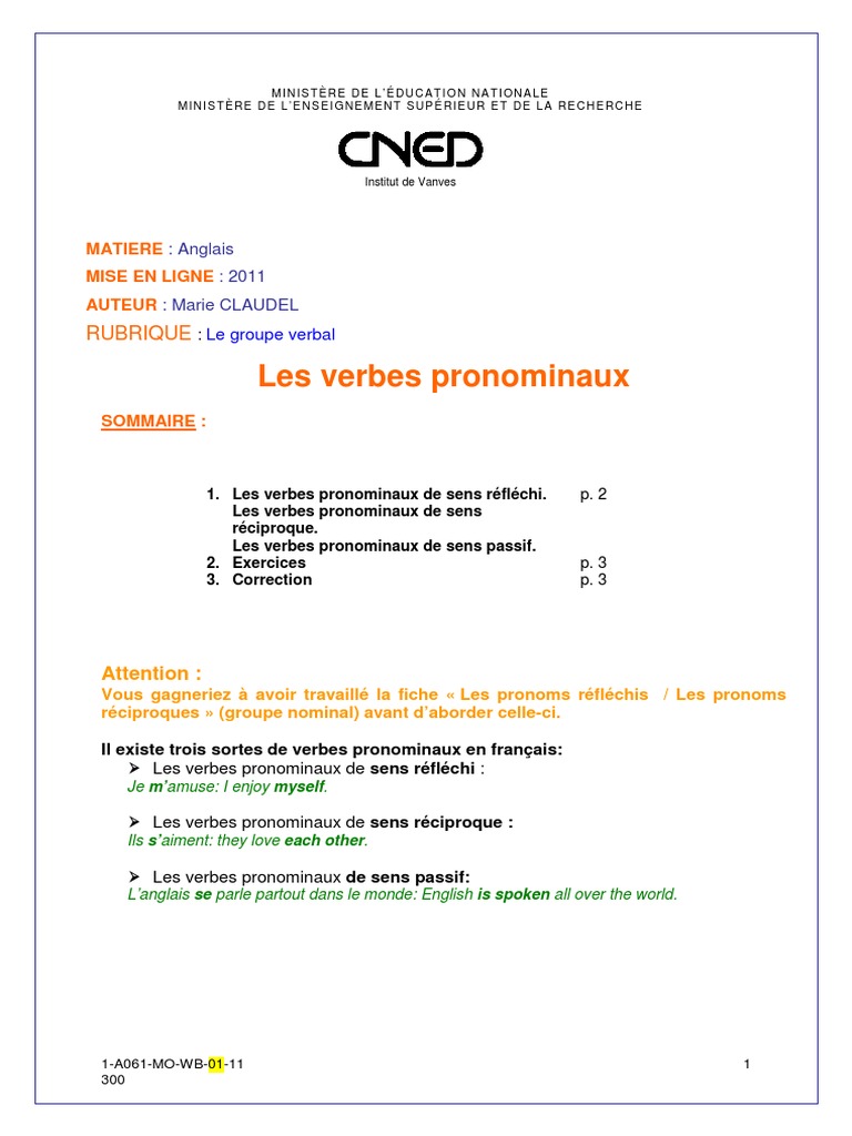 Les verbes pronominaux en français | PDF | Unités sémantiques ...