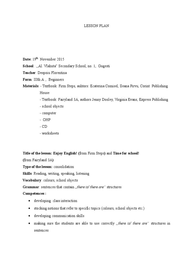 English Lesson Plan for Beginners | PDF | Lesson Plan | Reading (Process)