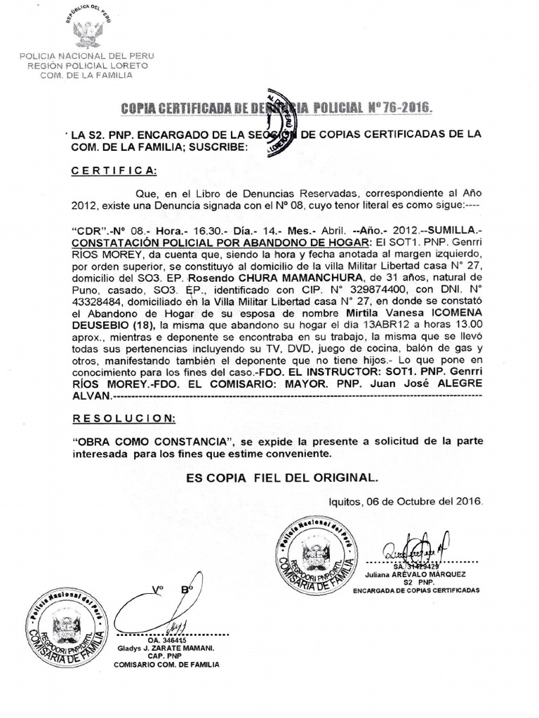 Copia certificada de denuncia
