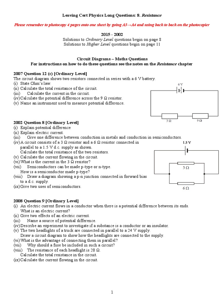 Solutions to Ordinary and Higher Level Physics Questions on Resistance