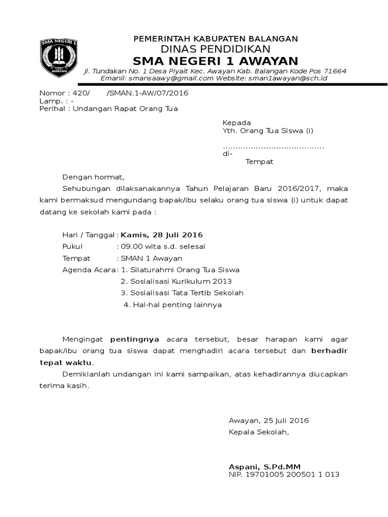 Undangan Rapat Orang Tua Siswa