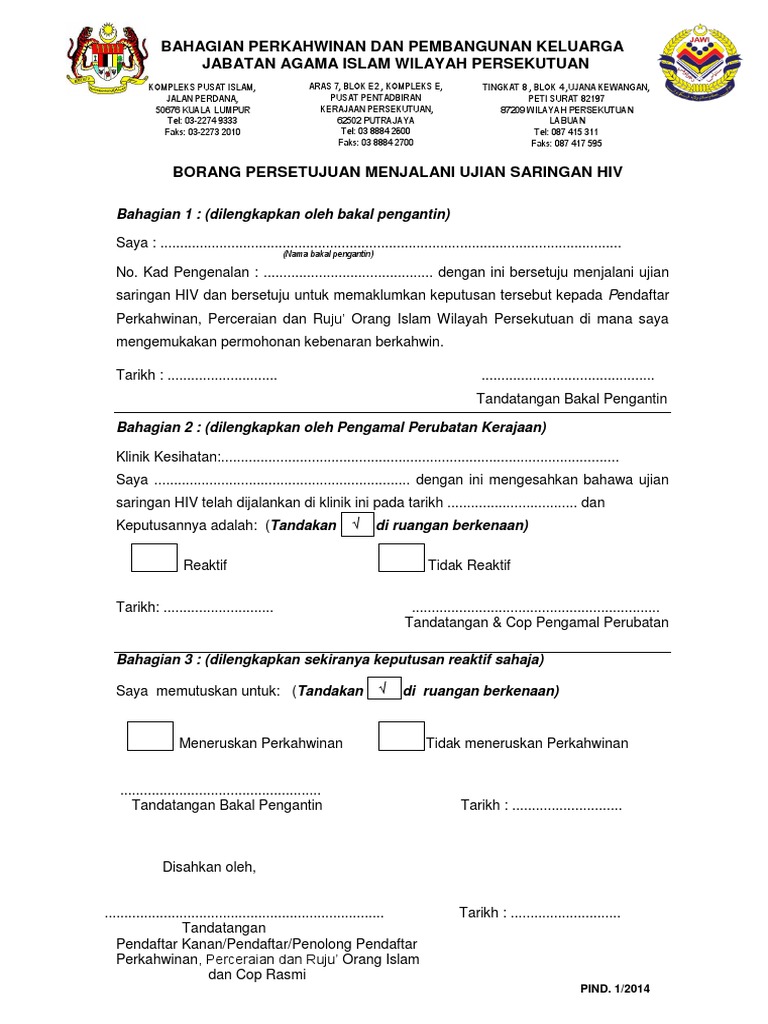 Borang Persetujuan Menjalani Ujian Hiv Dicetak Menggunakan Kertas A4 Berwarna Putih Pdf Pdf