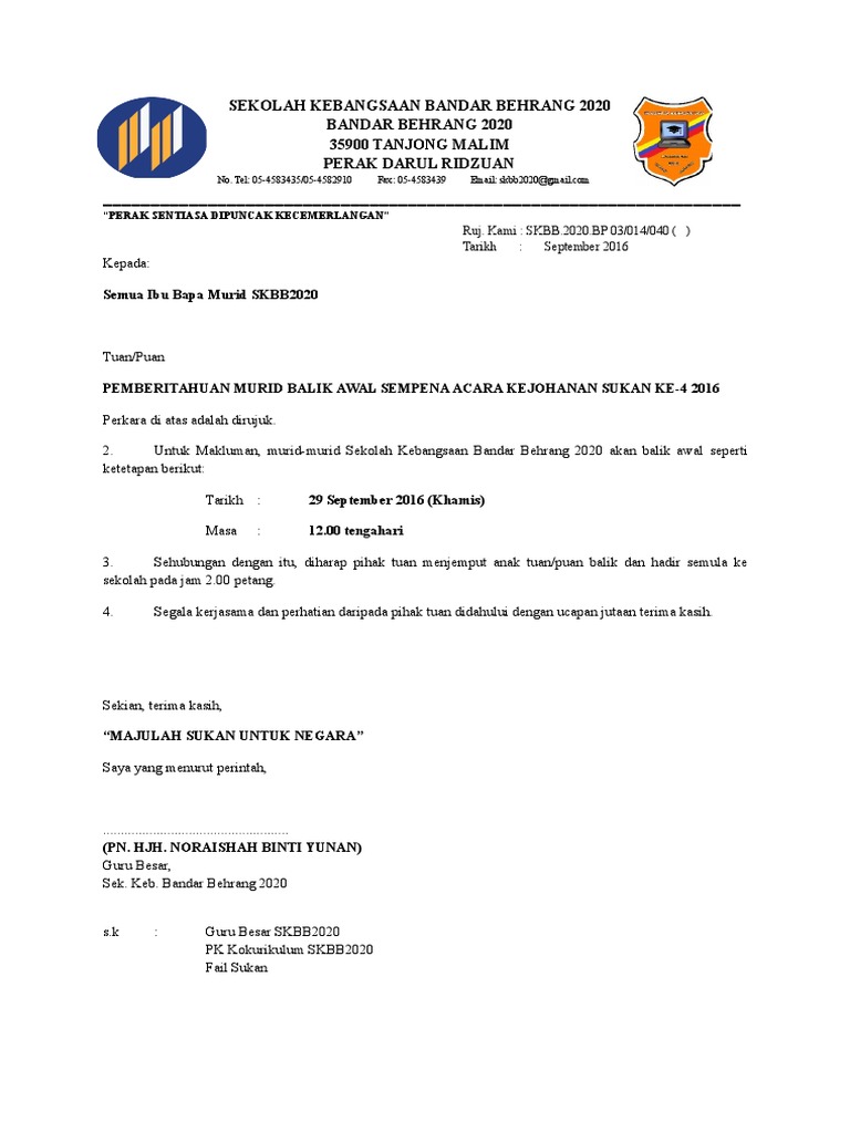 Surat Pemberitahuan Balik Awal Sukan Tahunan 2016