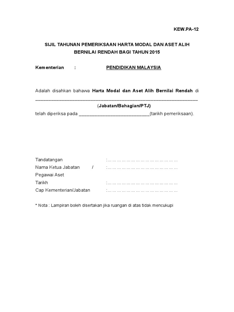 4 Lampiran Kew Pa 12 Sijil Tahunan Pemeriksaan Harta Modal Dan Inve Pdf