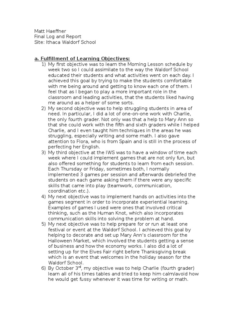SL1 - Final Log and Report | PDF | Waldorf Education | Service Learning