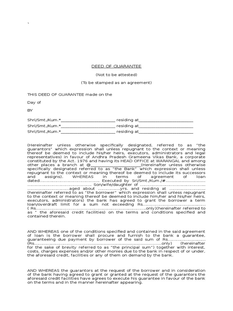 Deed of Guarantee Guarantee Mortgage Loan