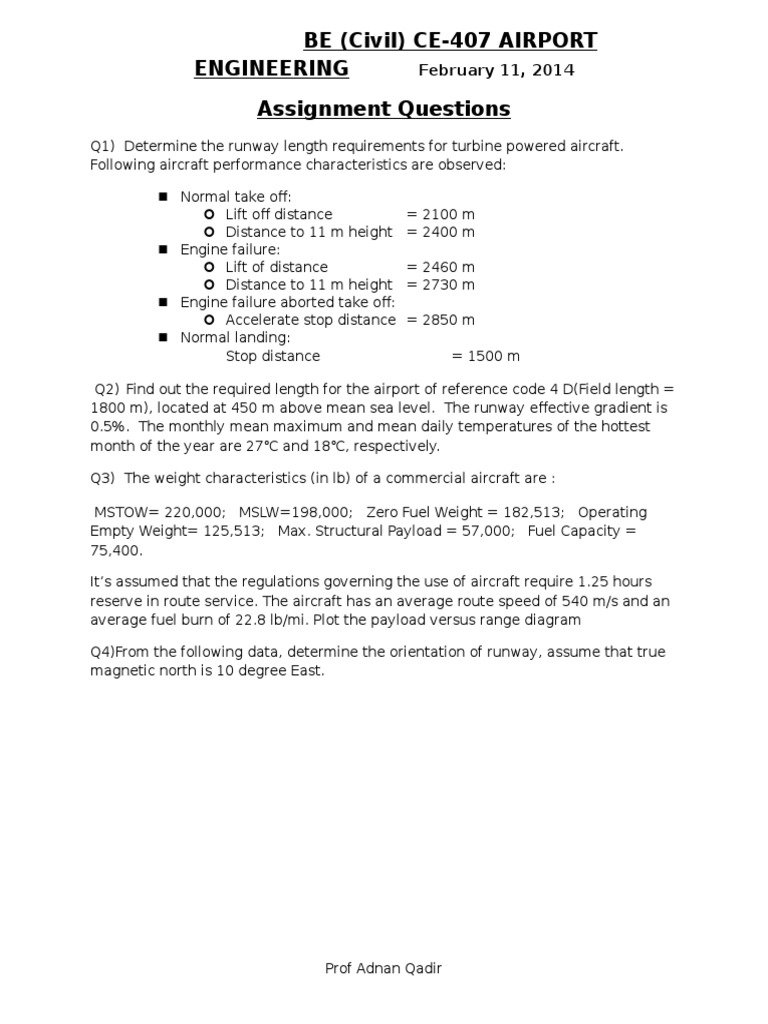 Airport Engineering Assignment Questions | PDF | Runway | Aircraft