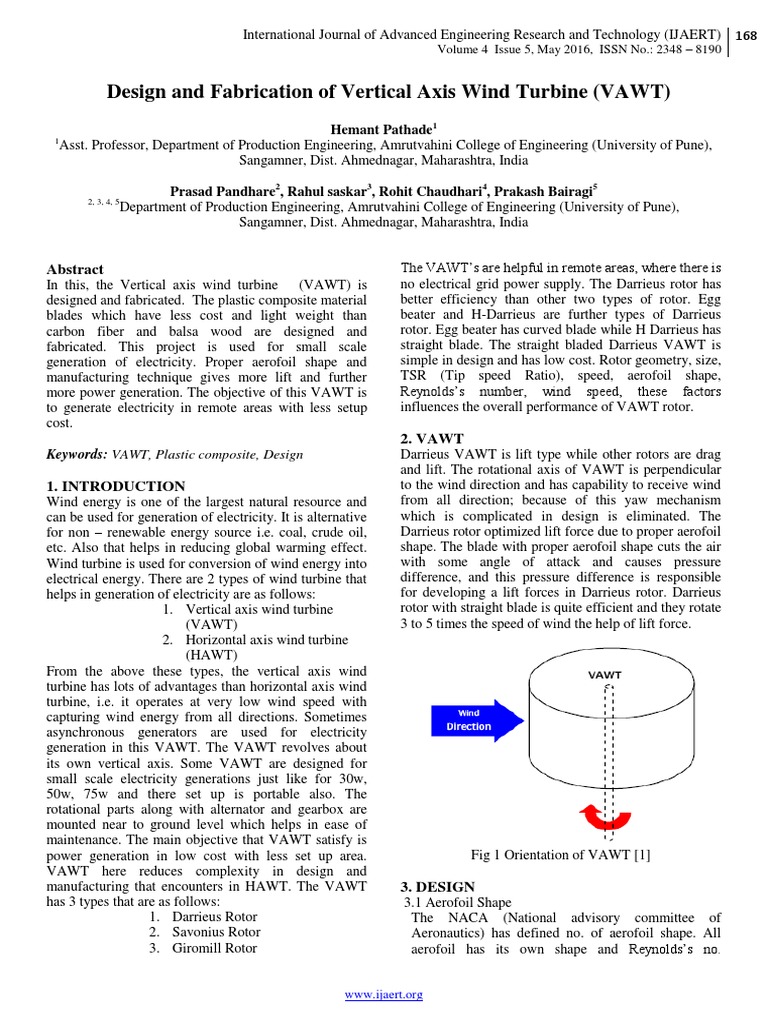Design and Fabrication of Vertical Axis Wind Turbine (VAWT) | PDF ...