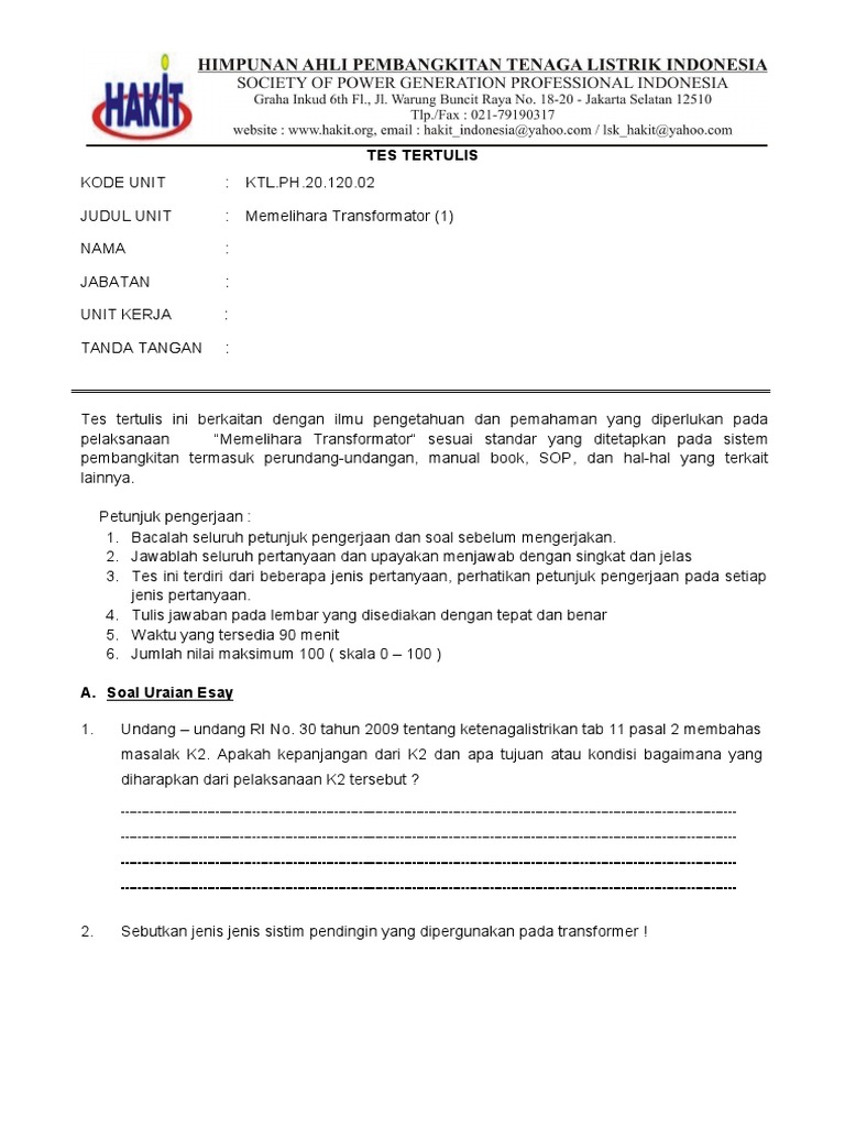 Soal Har Trafo Level 1 Pltu Pacitan