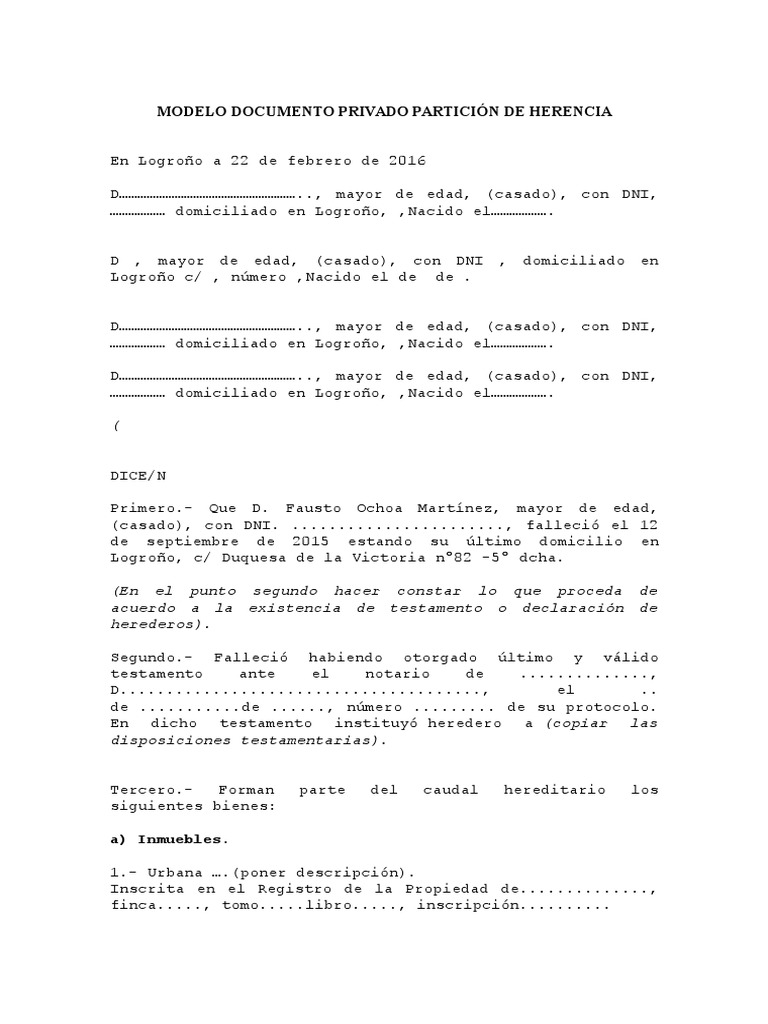 Modelo Documento Privado Partición de Herencia