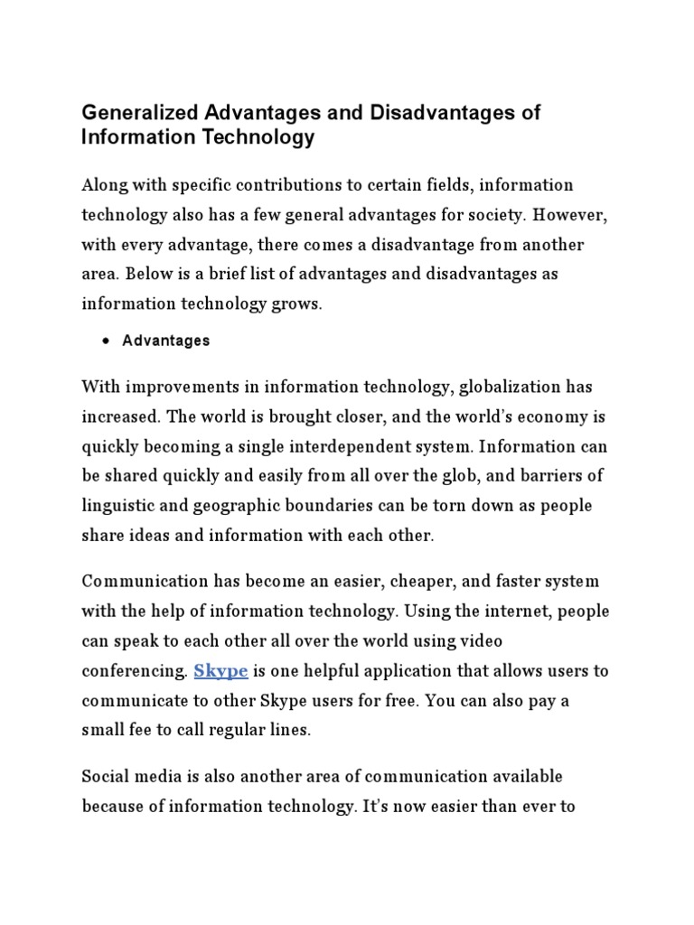 Generalized Advantages And Disadvantages Of Information Technology