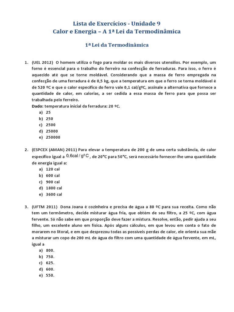 Exercícios de Calor e Termodinâmica | PDF | Temperatura | Termodinâmica