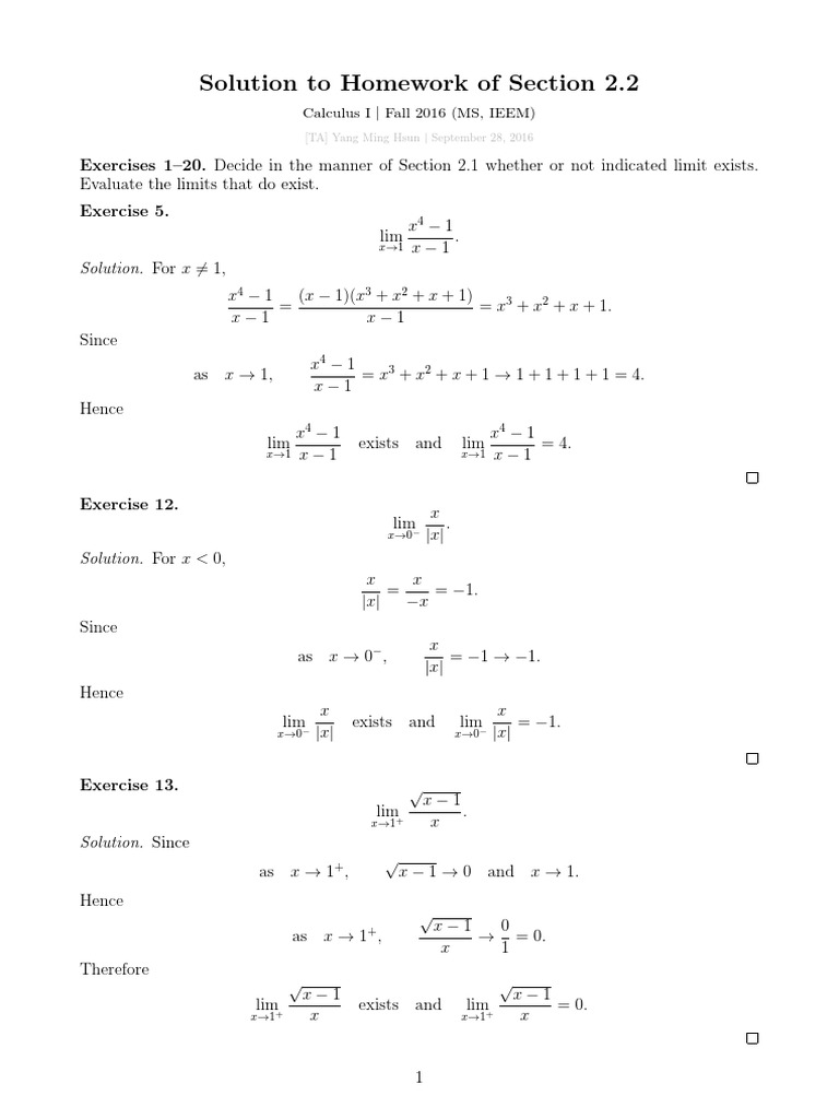 Solution To Homework of Section 2.2: Calculus I - Fall 2016 (MS, IEEM ...