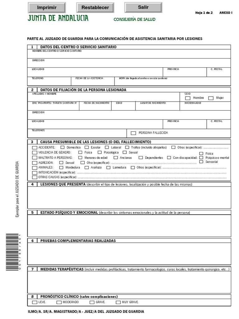 Parte Juzgado Guardia Comunicacion Asistencia Sanitaria Lesiones